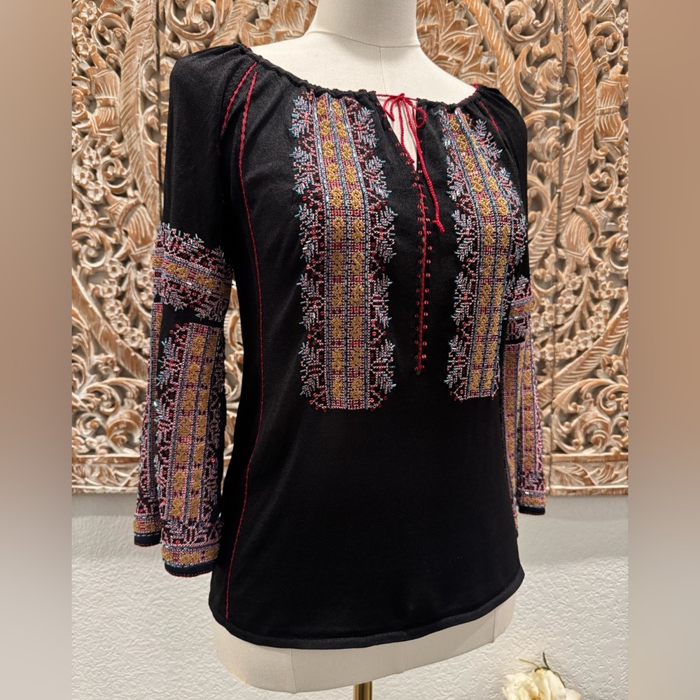 DKNY Beaded & Embroidered Silk Boho Peasant Blouse Festival Top, Flare Sleeves - Picture 4 of 16